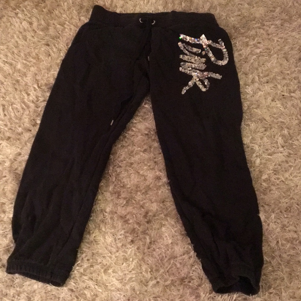 VS PINK black sweatpants and silver sequence